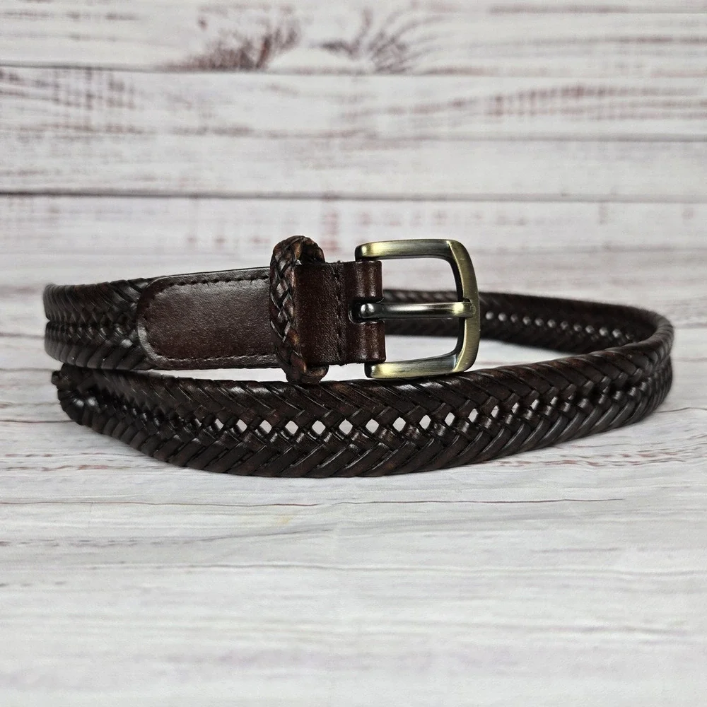 Talbots Kids Belt Boys Size 26 Braided Bonded Leather Woven Brass Buckle Classic